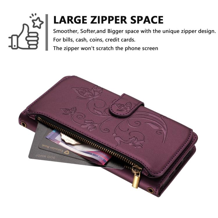 Funda de cuero con cremallera para iPhone 15 Pro, diseño de mariposas, flores y amor (morado oscuro)