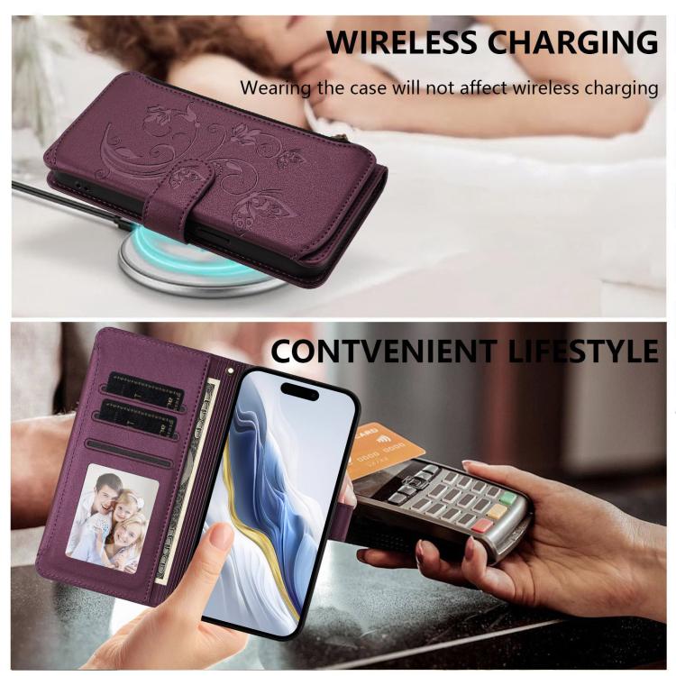 Funda de cuero con cremallera para iPhone 15 Pro, diseño de mariposas, flores y amor (morado oscuro)