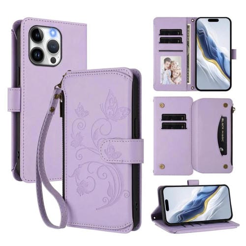 Funda de cuero con cremallera para iPhone 15 Pro, diseño de mariposas, flores y amor (morado claro)