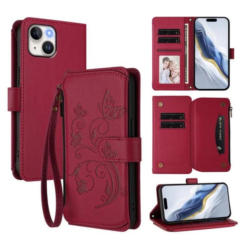 Funda de cuero con cremallera para iPhone 15 Plus, diseño de mariposas, flores y amor (rojo vino)
