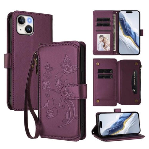 Funda de cuero con cremallera para iPhone 15, diseño de mariposas, flores y amor (morado oscuro)