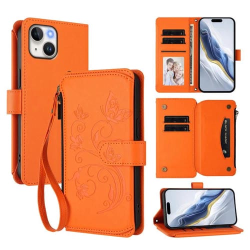 Funda de cuero con cremallera para iPhone 15, diseño de mariposas, flores y amor, con múltiples tarjetas (naranja)