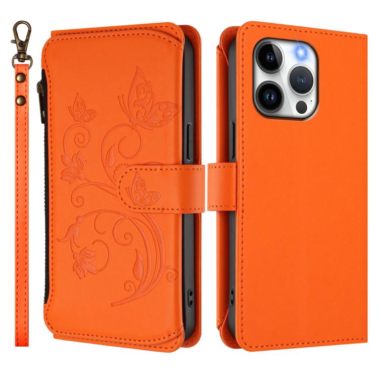 Funda de cuero con cremallera para iPhone 14 Pro, diseño de mariposas, flores y amor, con múltiples tarjetas (naranja)