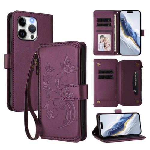 Funda de cuero con cremallera para iPhone 14 Pro Max, diseño de mariposas, flores y amor (morado oscuro)
