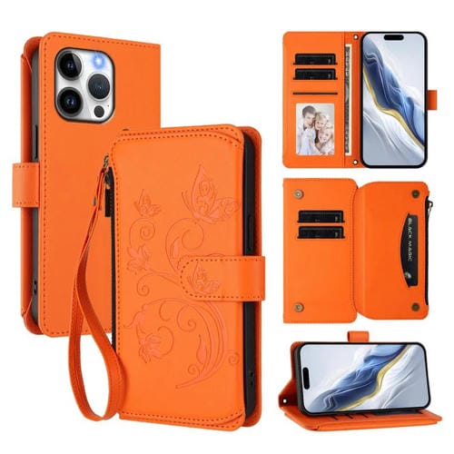 Funda de cuero con cremallera para iPhone 13 Pro Max, diseño de mariposas, flores y amor (naranja)