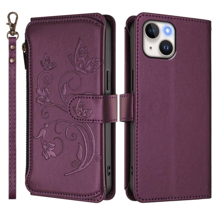 Funda de cuero con cremallera para iPhone 13 mini, diseño de mariposas, flores y amor, con múltiples tarjetas (morado oscuro)