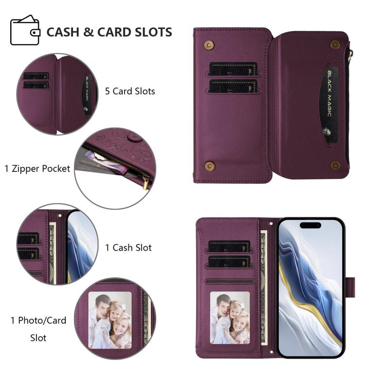 Funda de cuero con cremallera para iPhone 13 mini, diseño de mariposas, flores y amor, con múltiples tarjetas (morado oscuro)