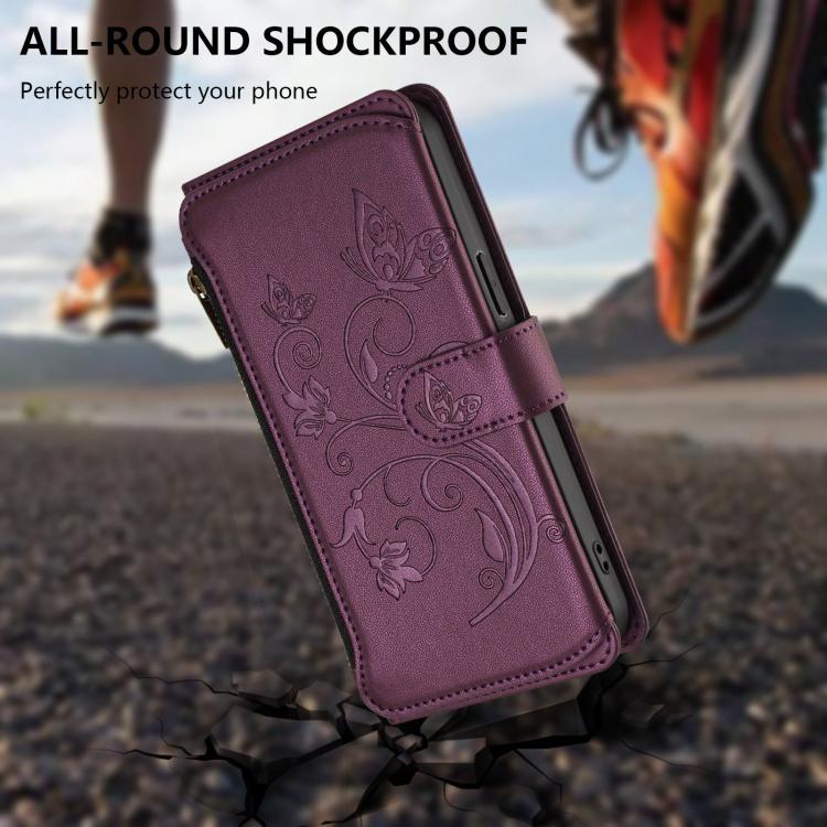 Funda de cuero con cremallera para iPhone 13 mini, diseño de mariposas, flores y amor, con múltiples tarjetas (morado oscuro)
