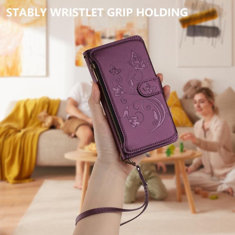 Funda de cuero con cremallera para iPhone 13 mini, diseño de mariposas, flores y amor, con múltiples tarjetas (morado oscuro)