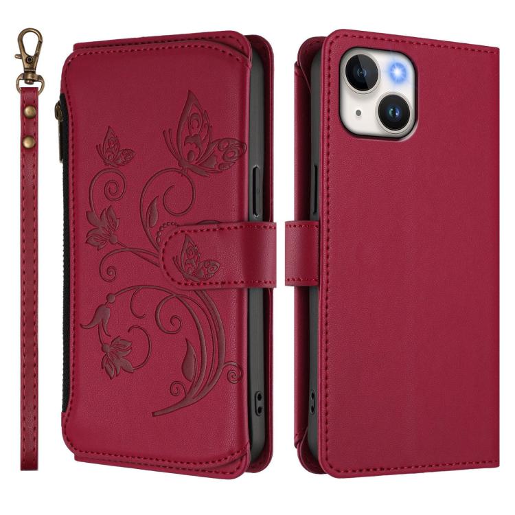 Funda de cuero con cremallera para iPhone 13 mini, diseño de mariposas, flores y amor, con múltiples tarjetas (rojo vino)