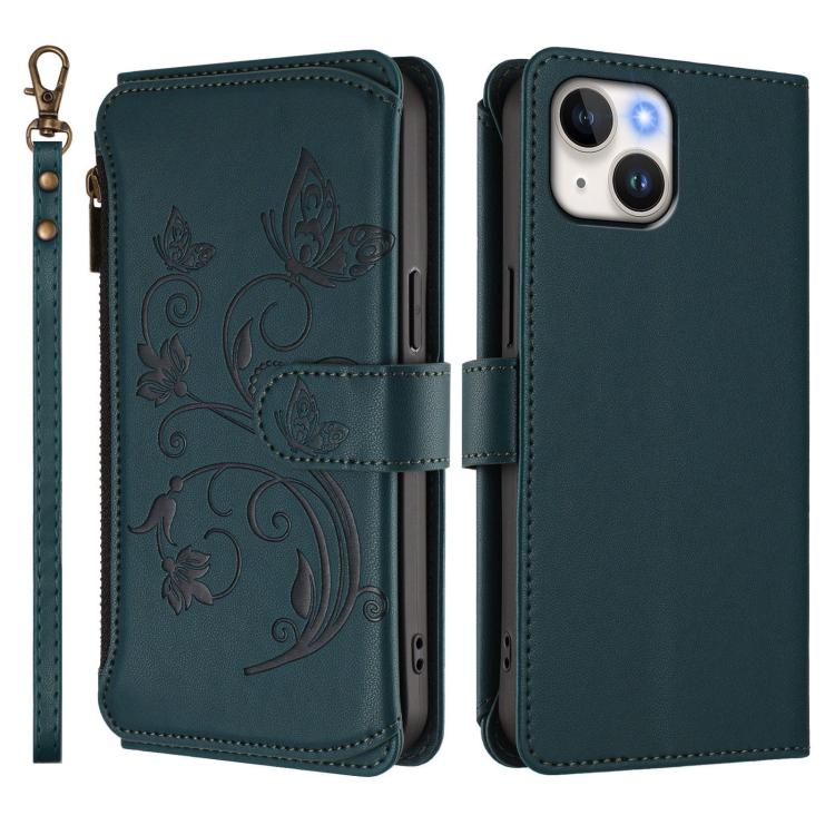 Funda de cuero con cremallera para iPhone 13 mini, diseño de mariposas, flores y amor, con múltiples tarjetas (verde oscuro)