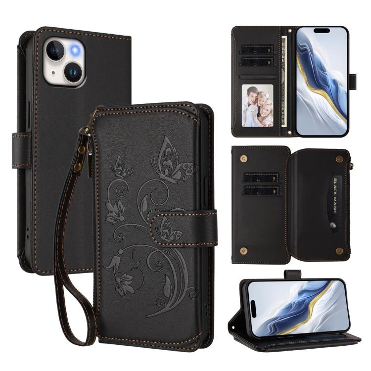 Funda de cuero con cremallera para iPhone 13 mini, diseño de mariposas, flores y amor, con múltiples tarjetas (negro)