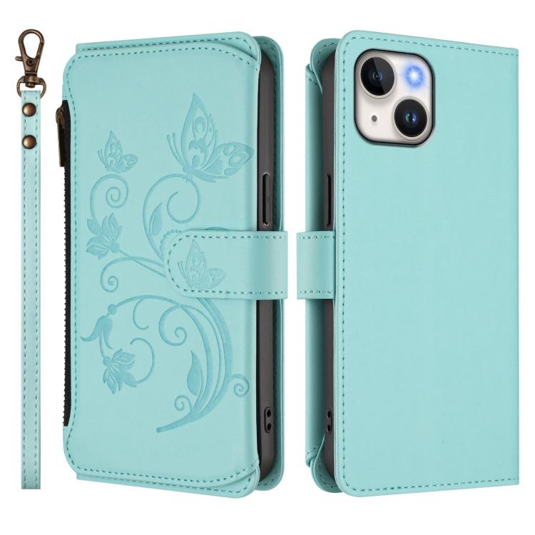 Funda de cuero con cremallera para iPhone 13 mini, diseño de mariposas, flores y amor, con múltiples tarjetas (verde menta)