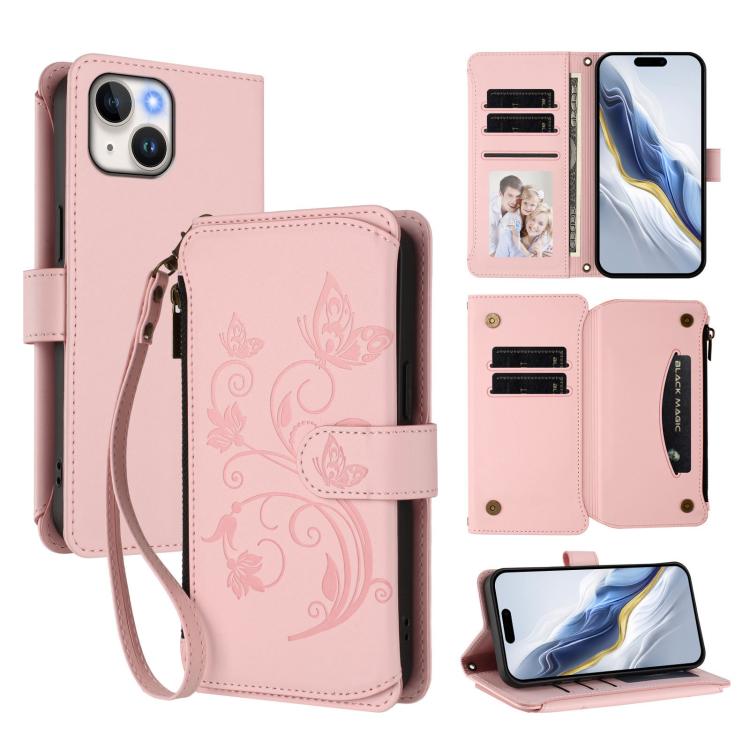 Funda de cuero con cremallera para iPhone 13 mini, diseño de mariposas, flores y amor, con múltiples tarjetas (rosa)
