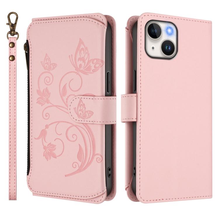 Funda de cuero con cremallera para iPhone 13 mini, diseño de mariposas, flores y amor, con múltiples tarjetas (rosa)
