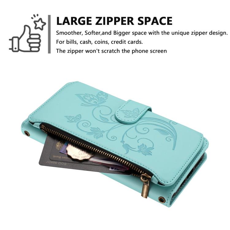 Funda de cuero con cremallera para iPhone 12 mini, diseño de mariposas, flores y amor, con múltiples tarjetas (verde menta)