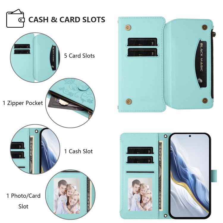 Funda de cuero con cremallera para iPhone 11 Pro, diseño de mariposas, flores y amor (verde menta)