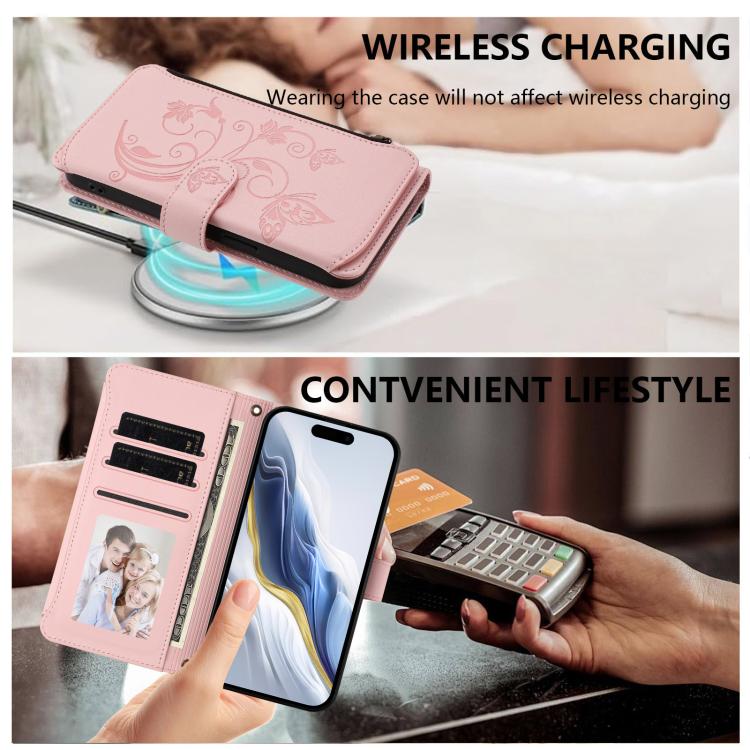 Funda de cuero con cremallera para iPhone 11 Pro, diseño de mariposas, flores y amor (rosa)