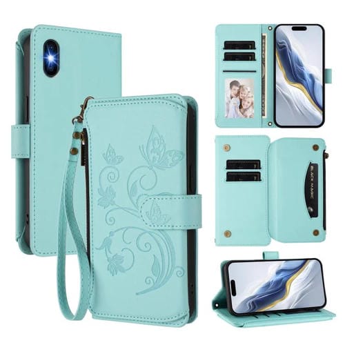 Funda de cuero con cremallera para iPhone X/XS, diseño de mariposas, flores y amor, con múltiples tarjetas (verde menta)