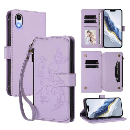 Funda de cuero con cremallera para iPhone XR, diseño de mariposas, flores y amor, con múltiples tarjetas (morado claro)