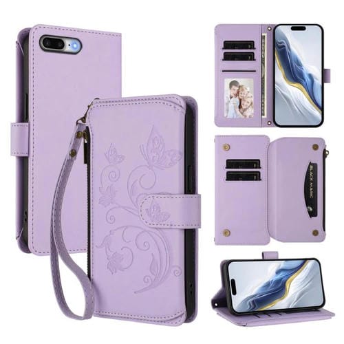 Funda de cuero con cremallera para iPhone 7 Plus/8 Plus, diseño de mariposas, flores y amor (morado claro)