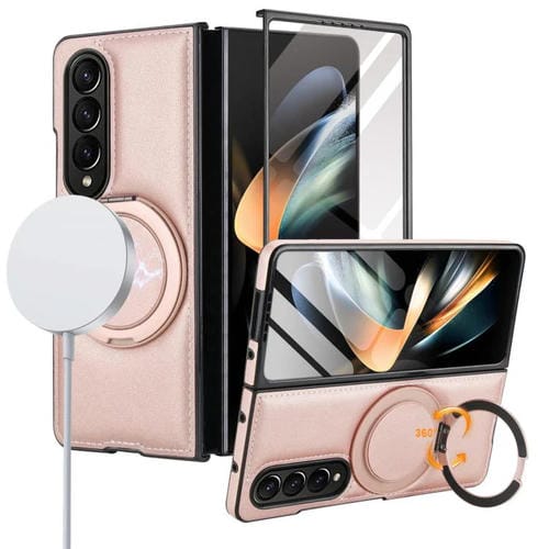 Funda de cuero plegable con soporte giratorio y película MagSafe integrada para Samsung Galaxy Z Fold4 (oro rosa)