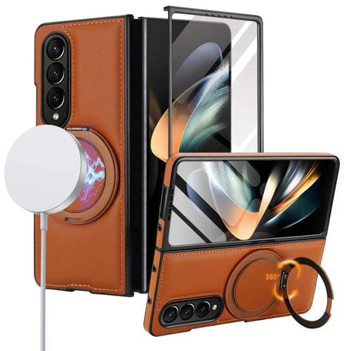 Funda de cuero plegable con soporte giratorio y película MagSafe integrada para Samsung Galaxy Z Fold4 (marrón)