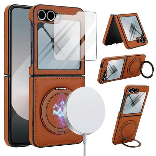 Funda de cuero con soporte giratorio plegable y película MagSafe integrada para Samsung Galaxy Z Flip6 (marrón)