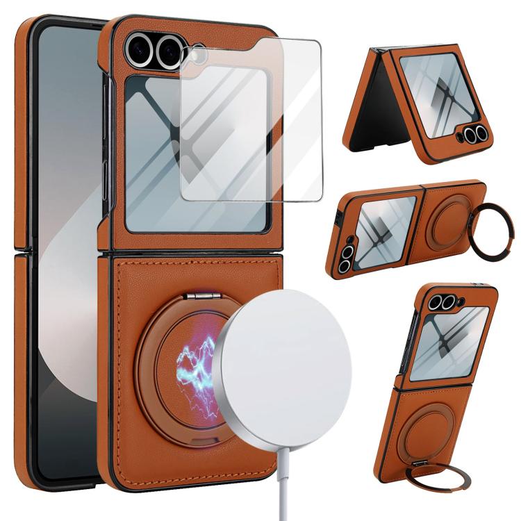 Funda de cuero con soporte giratorio plegable y película MagSafe integrada para Samsung Galaxy Z Flip6 (marrón)