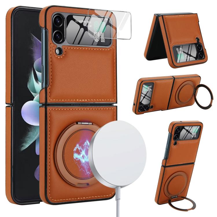 Funda de cuero con soporte giratorio plegable y película MagSafe integrada para Samsung Galaxy Z Flip4 (marrón)