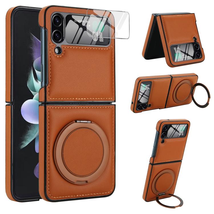 Funda de cuero plegable con soporte giratorio y película MagSafe integrada para Samsung Galaxy Z Flip3 5G (marrón)