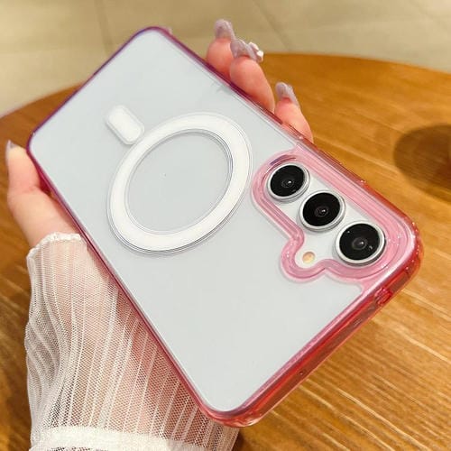 Funda MagSafe transparente con degradado de color en contraste para Samsung Galaxy A05s (morado, rosa y morado claro)
