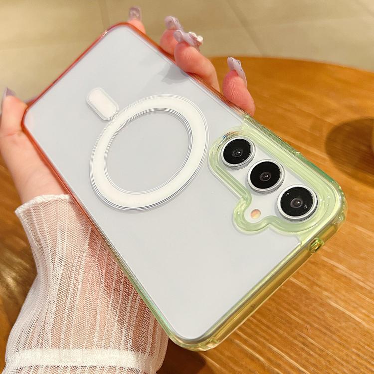Funda MagSafe transparente con degradado de color para Samsung Galaxy A16 5G/4G (verde fluorescente y rosa claro)