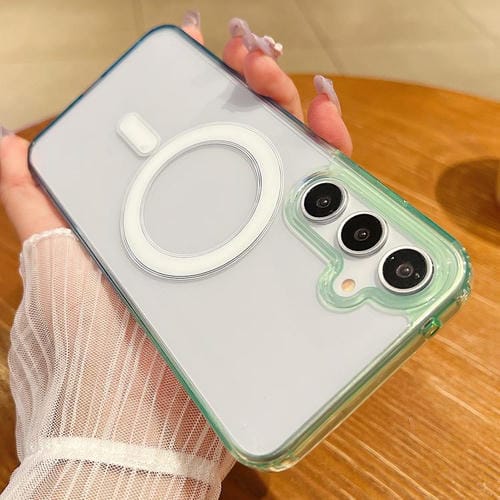 Funda MagSafe transparente con degradado de color en contraste para Samsung Galaxy A55 5G (verde y azul)