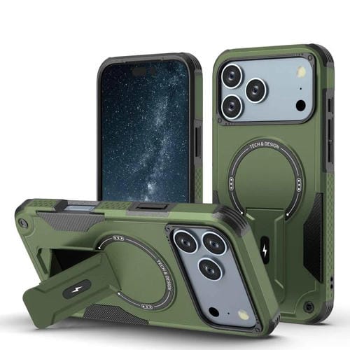 Funda híbrida de TPU y PC con soporte Magsafe para iPhone 17 Pro Max (verde militar)