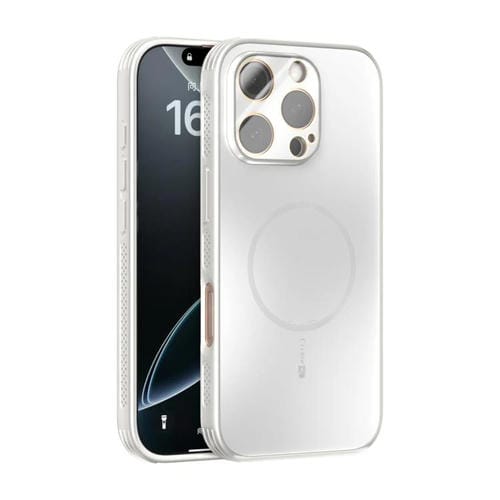 Funda ABEEL MagSafe esmerilada con disipación de calor y película para lente para iPhone 16 Pro (blanca)