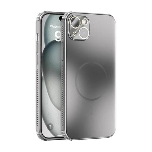 Funda ABEEL MagSafe esmerilada con disipación de calor y película para lente para iPhone 15 Plus (plateada)