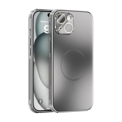Funda ABEEL MagSafe esmerilada con disipación de calor y película para lente para iPhone 15 (plateada)