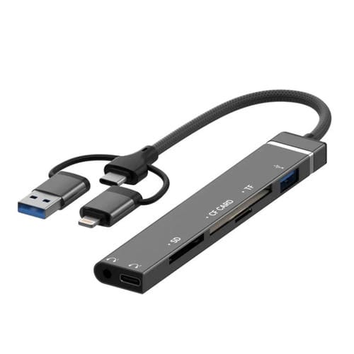 Adaptador USB Tipo C 8 pines a lector tarjetas CF TF SD concentrador 3,5 mm estación acoplamiento 6 en 1 (Gris)