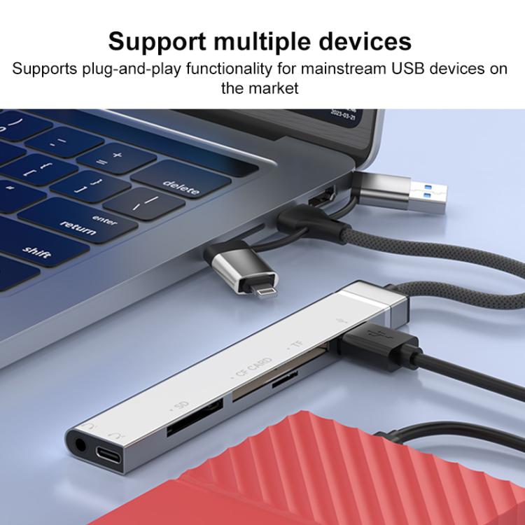 Adaptador USB Tipo C 8 pines a lector tarjetas CF TF SD concentrador 3,5 mm estación acoplamiento 6 en 1 (Gris)