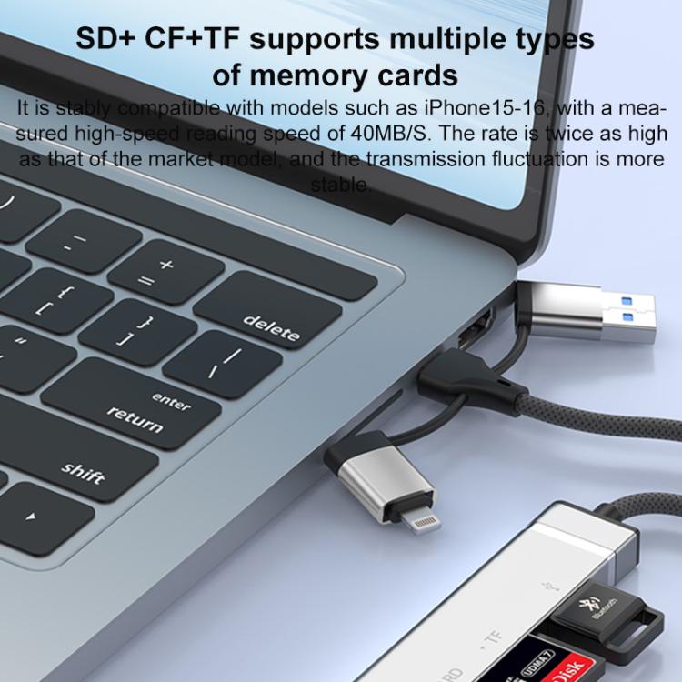 Adaptador USB Tipo C 8 pines a lector tarjetas CF TF SD concentrador 3,5 mm estación acoplamiento 6 en 1 (Gris)