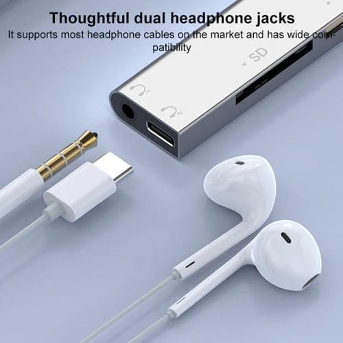 Adaptador USB Tipo C 8 pines a lector tarjetas CF TF SD concentrador 3,5 mm estación acoplamiento 6 en 1 (Gris)