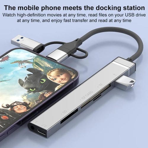 Adaptador USB Tipo C 8 pines a lector tarjetas CF TF SD concentrador 3,5 mm estación acoplamiento 6 en 1 (Gris)