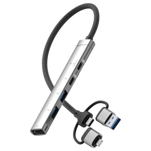 Adaptador concentrador USB/Tipo C/8 pines a PD, 2 USB, 2 tipo C, estación de acoplamiento 5 en 1 (plateado)