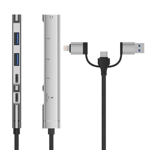 Adaptador concentrador USB/Tipo C/8 pines a PD, 2 USB, 2 tipo C, estación de acoplamiento 5 en 1 (plateado)