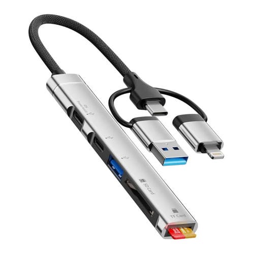 Adaptador USB Tipo C 8 pines a lector tarjetas TF SD concentrador estación acoplamiento 5 en 1 (Plateado)