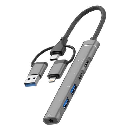 Adaptador concentrador USB Tipo C 8 pines a 3,5 mm PD 2 USB Tipo C estación de acoplamiento 5 en 1 (Gris)