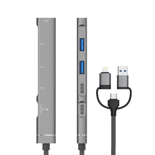 Adaptador concentrador USB Tipo C 8 pines a 3,5 mm PD 2 USB Tipo C estación de acoplamiento 5 en 1 (Gris)