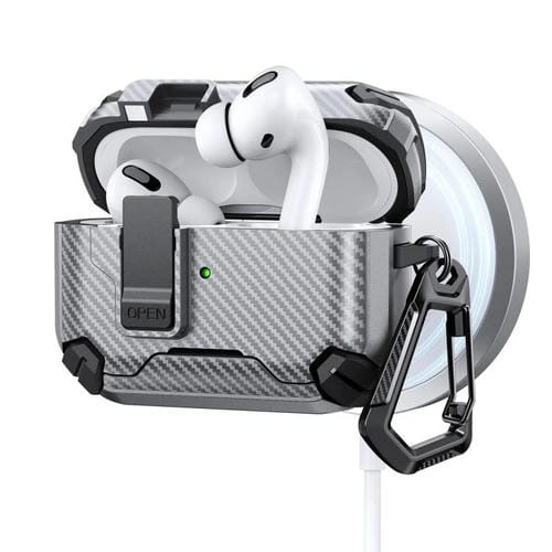 Estuche para AirPods Pro con soporte magnético MagSafe de dos colores y diseño de fibra de carbono (gris)