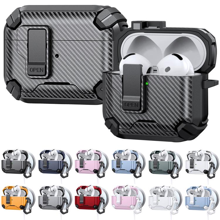 Estuche magnético MagSafe de dos colores con diseño de fibra de carbono para AirPods 4 (negro)